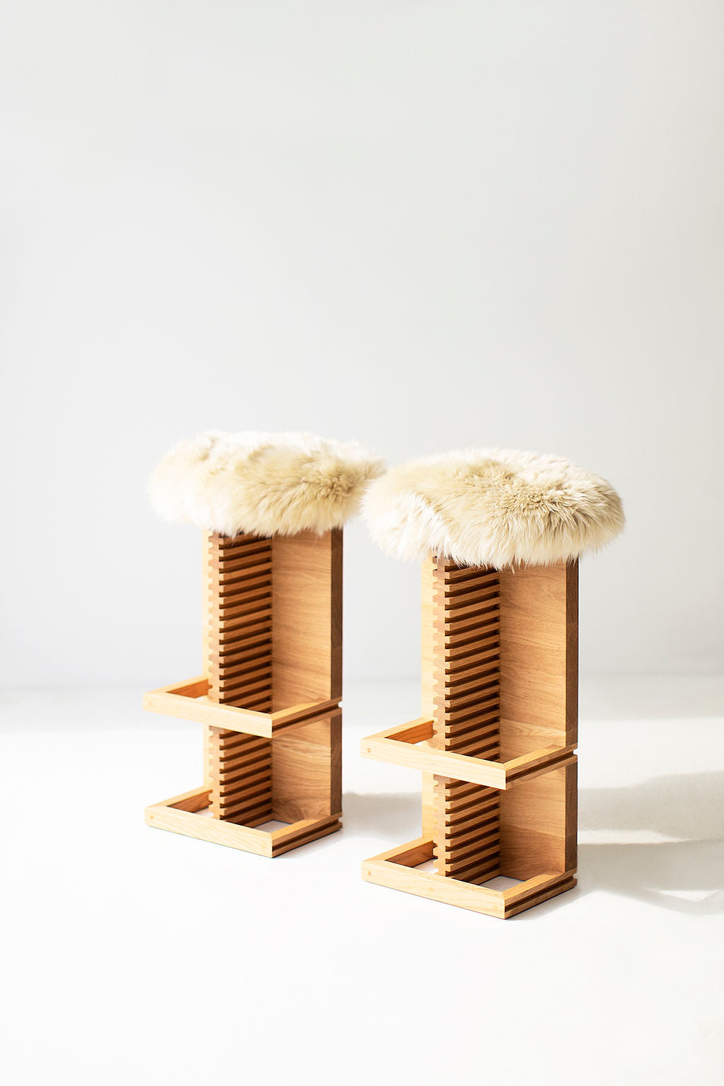 Cicely Bar Stools in White Oak and Sheepskin - For Bertu Home - 3025