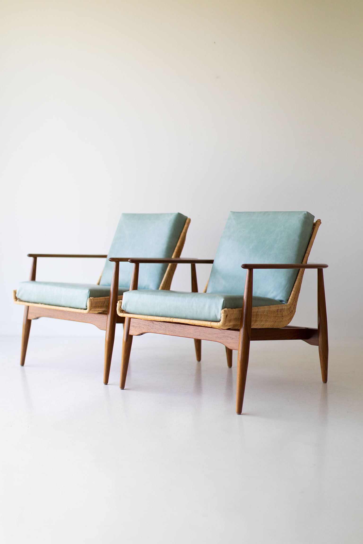 Lawrence Peabody Wicker Lounge Chairs in Leather for Craft Associates Furniture