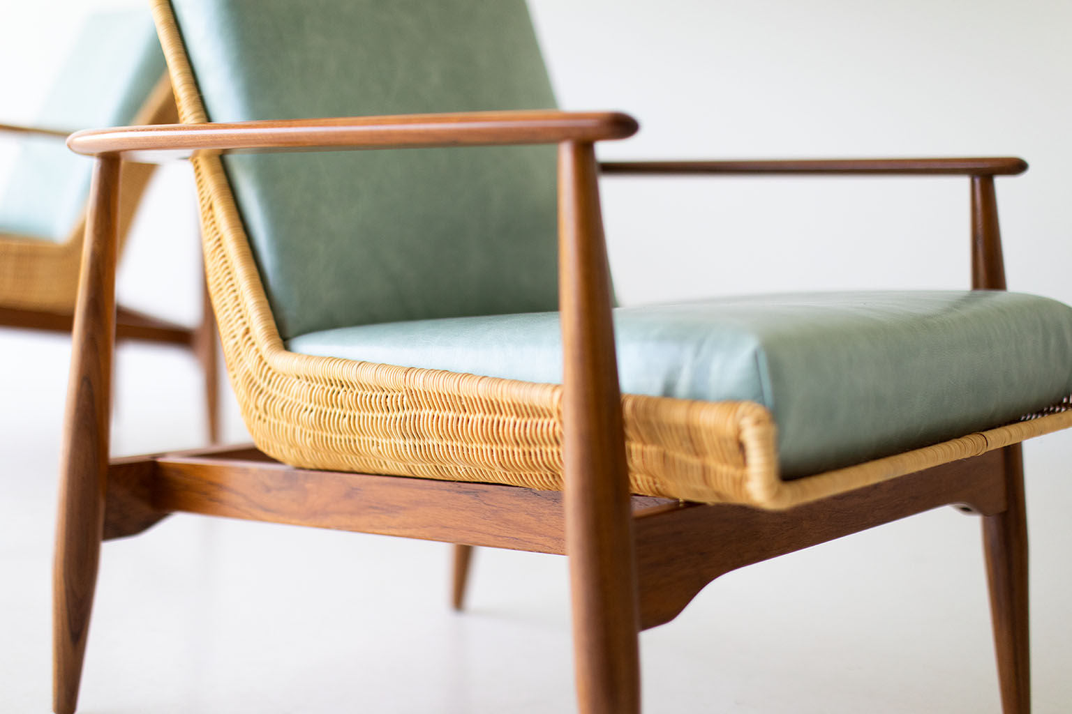 Lawrence Peabody Wicker Lounge Chairs in Leather for Craft Associates Furniture