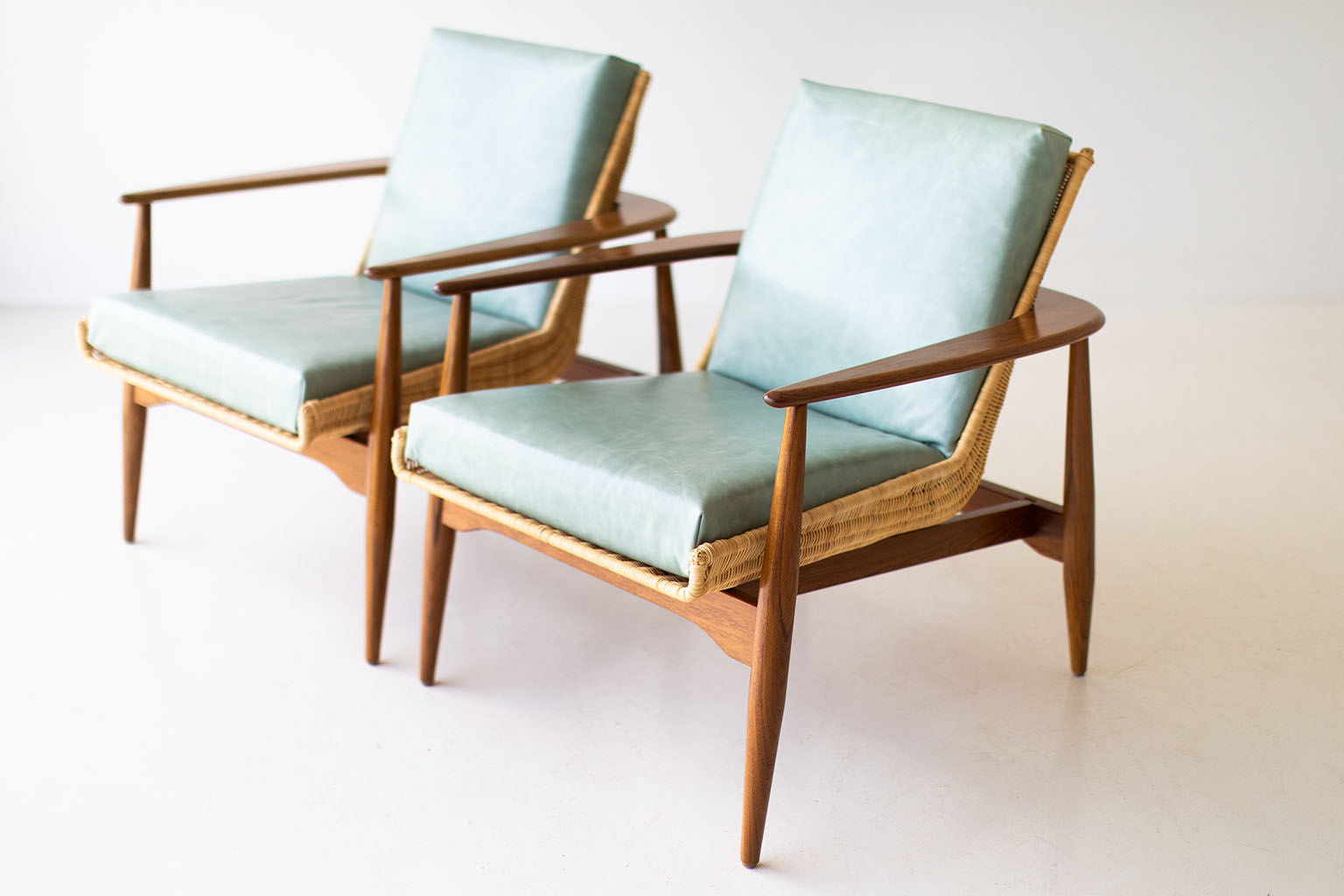 Lawrence Peabody Wicker Lounge Chairs in Leather for Craft Associates Furniture