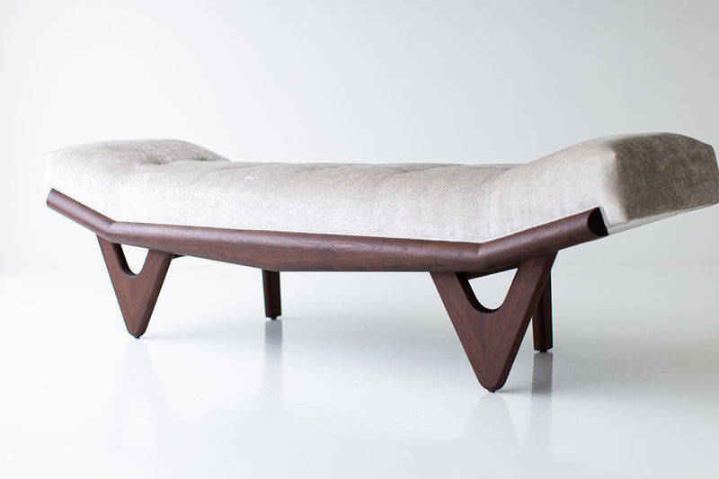 Modern luxury Alaska wood bench with an upholstered seat on a sculptural solid walnut base by Craft Associates, front view