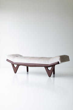Close-up of the commercial-grade fabric on the modern luxury Alaska walnut and oak wood bench by Craft Associates