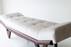 Side profile of the modern luxury Alaska wood bench showing its oak frame and solid walnut base