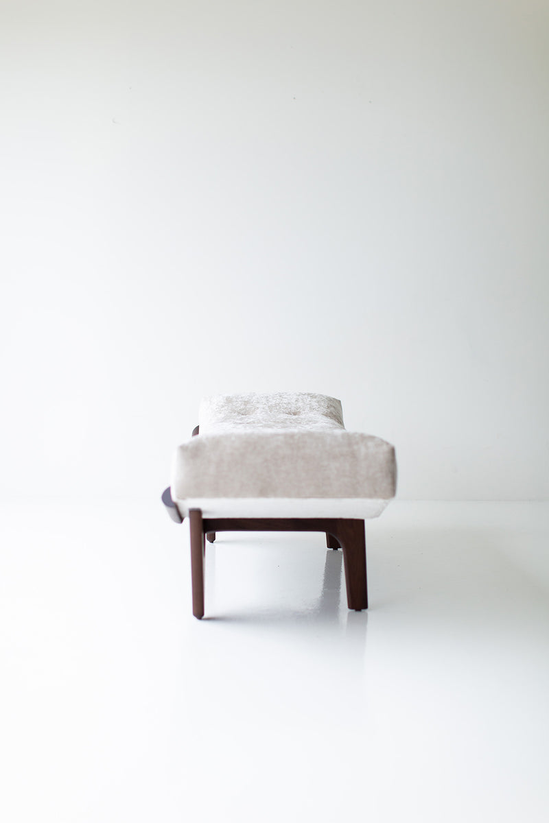 Detail of the joinery where the modern luxury Alaska wood bench's oak frame meets its walnut base