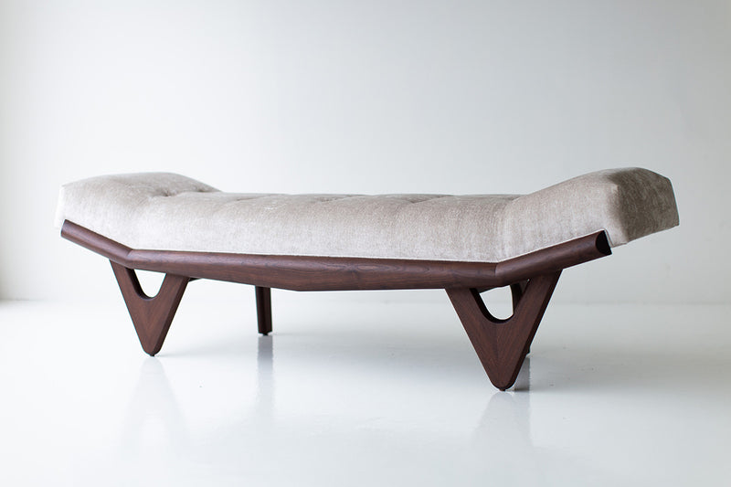 Full view of the modern luxury Alaska walnut and oak wood bench by Craft Associates against a neutral backdrop