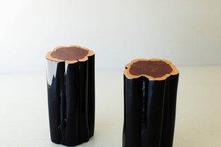 Black outdoor stump table with natural top, single view