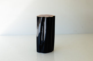 Black outdoor stump table with natural top, front view