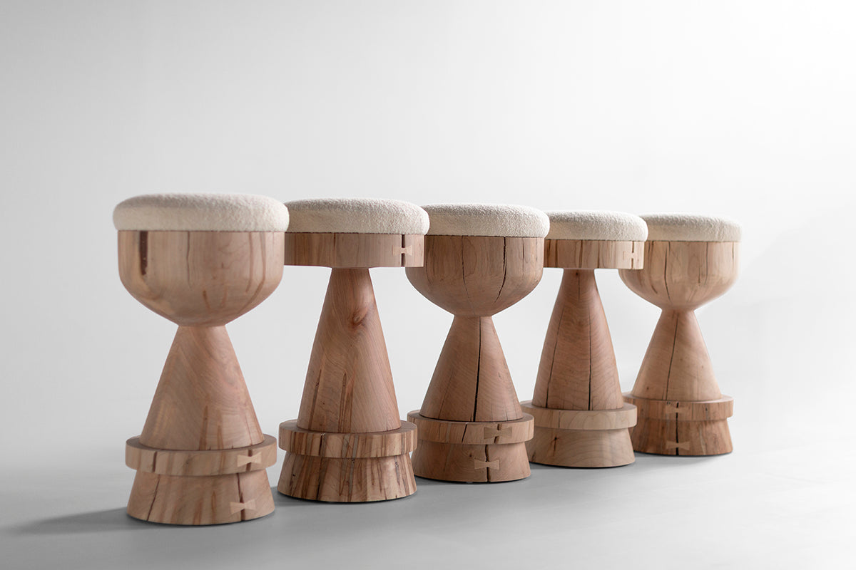 Boca Counter Stool with Bouclé Seat — Organic Modern Sculpted Maple Stool