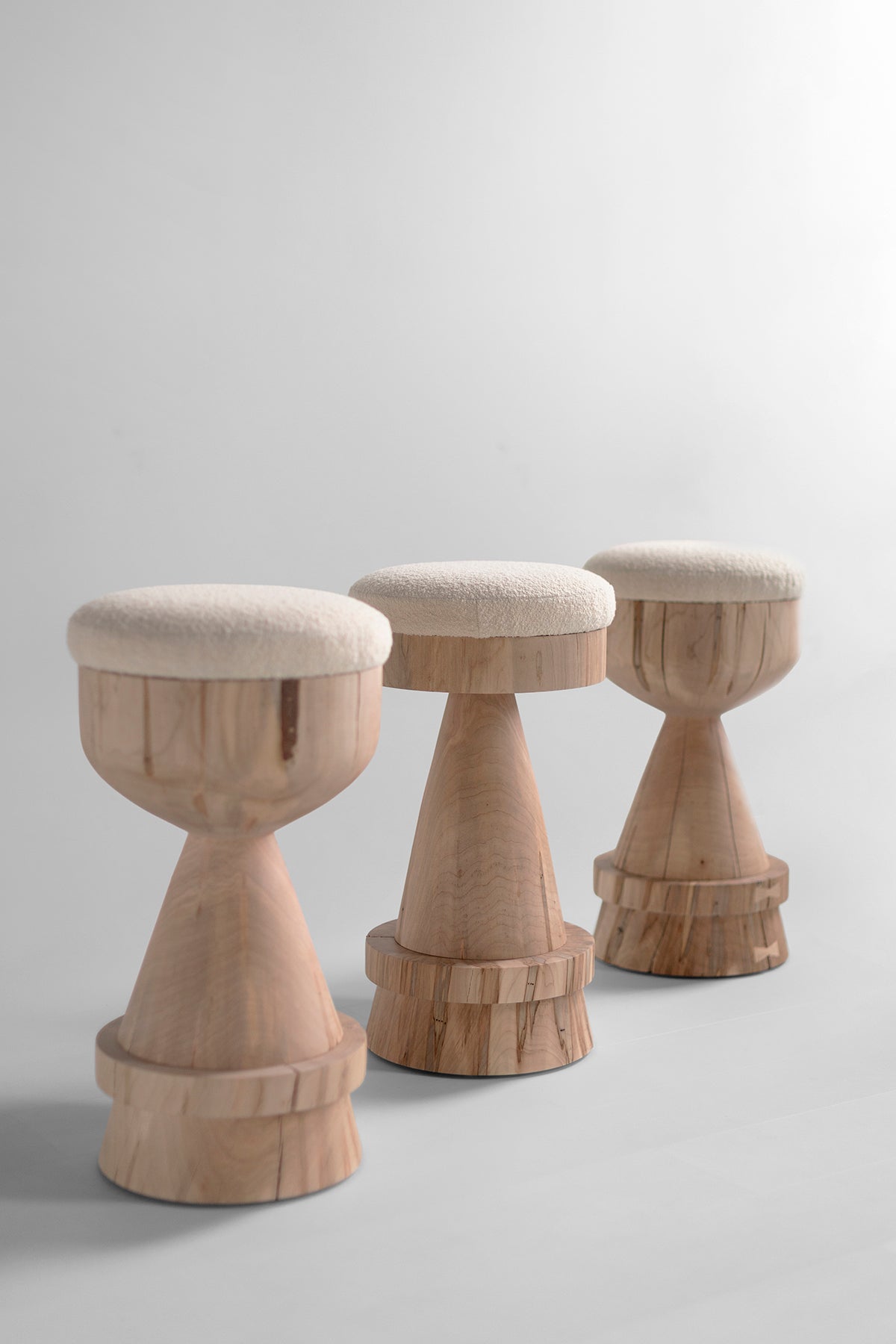 Boca Counter Stool with Bouclé Seat — Organic Modern Sculpted Maple Stool