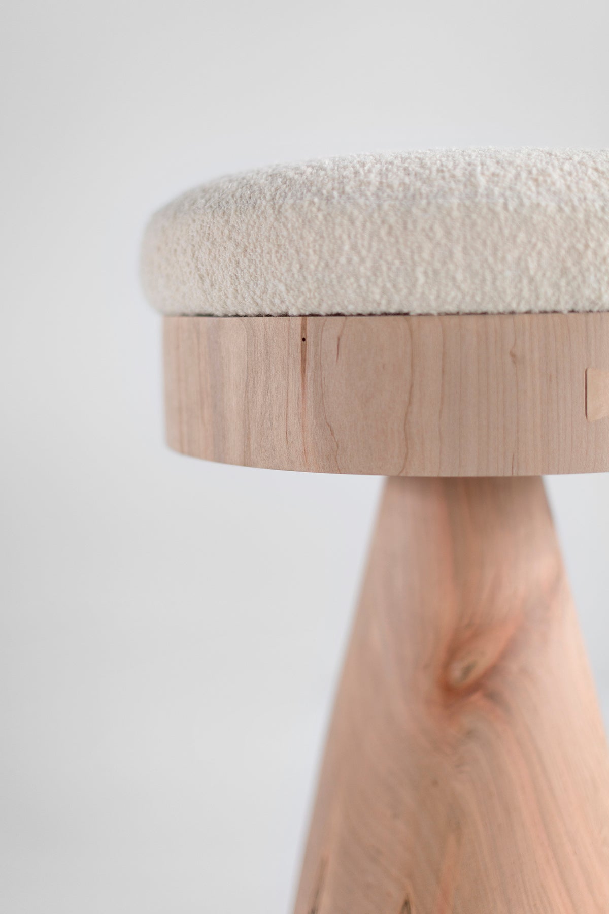 Boca Counter Stool with Bouclé Seat — Organic Modern Sculpted Maple Stool