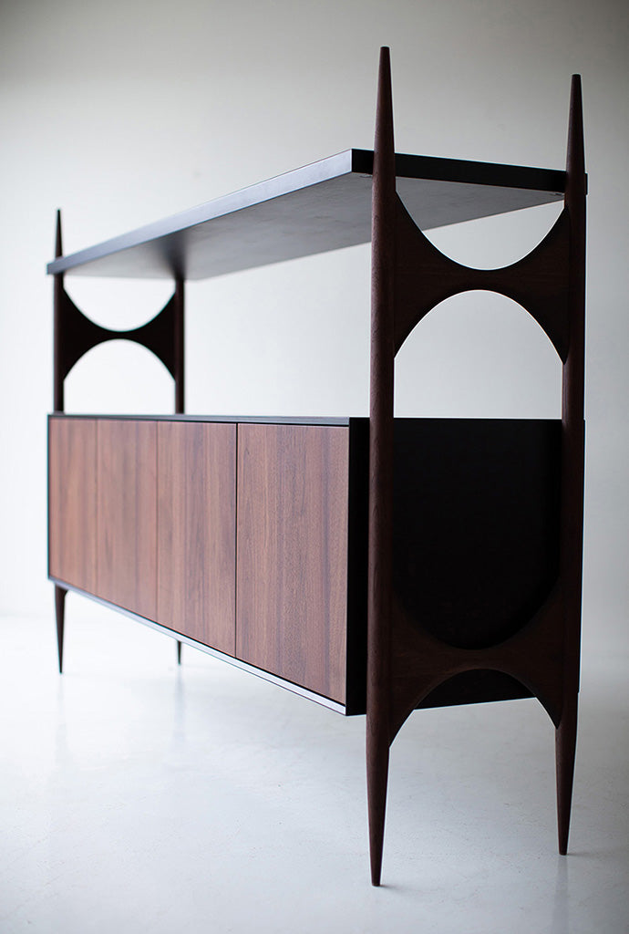 Modern luxury walnut Cambre credenza shown at an angle