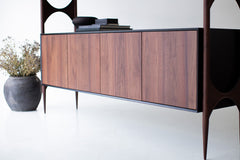 Modern luxury walnut Cambre credenza styled in a modern living room