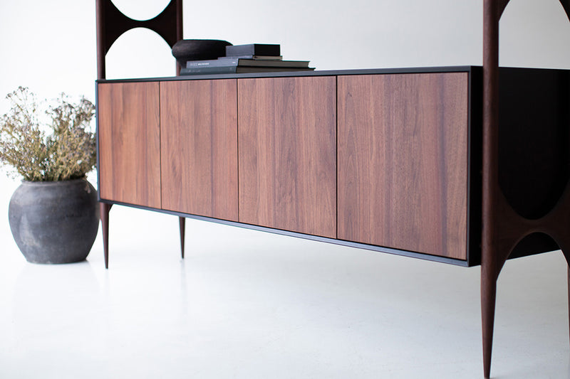Modern luxury walnut Cambre credenza styled in a modern living room