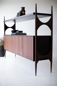 Modern luxury walnut Cambre credenza styled in a bright modern interior