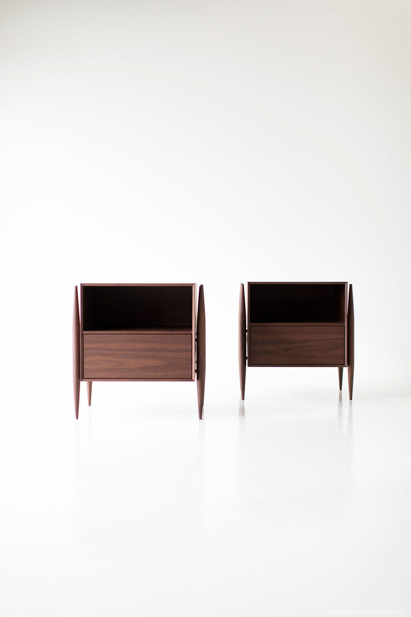 Modern luxury Cambre walnut nightstand showing hand-shaped solid walnut drawer front