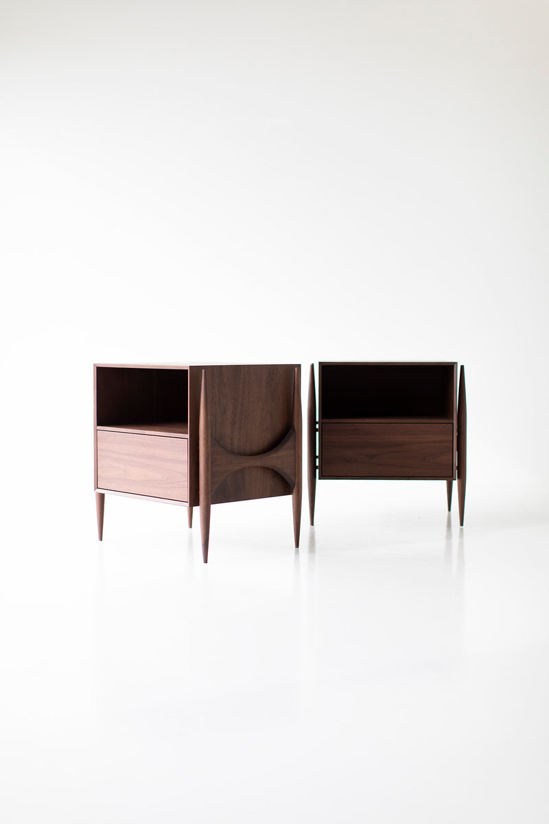 Side profile of a modern luxury Cambre walnut nightstand by Craft Associates