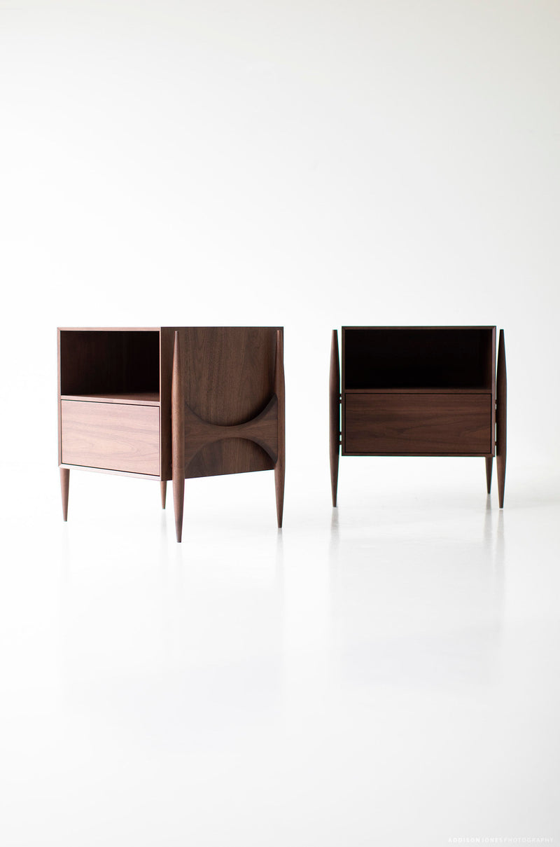Modern luxury Cambre walnut nightstand styled in a contemporary bedroom