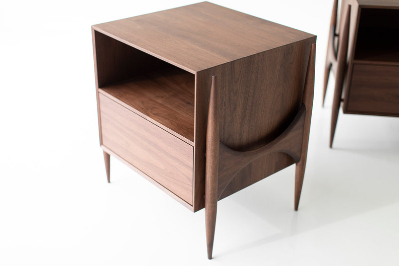 Angled view of a modern luxury Cambre walnut nightstand