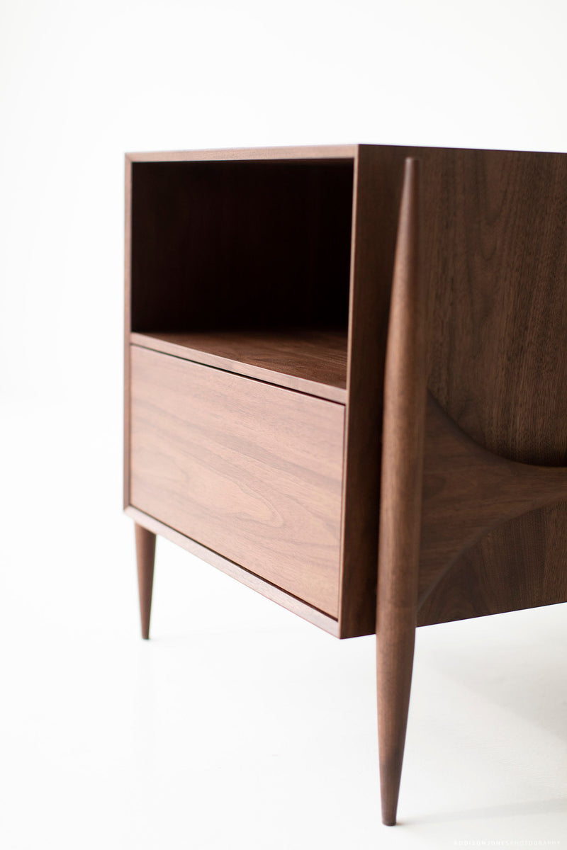 Detail of the solid maple interior drawer on a modern luxury Cambre nightstand