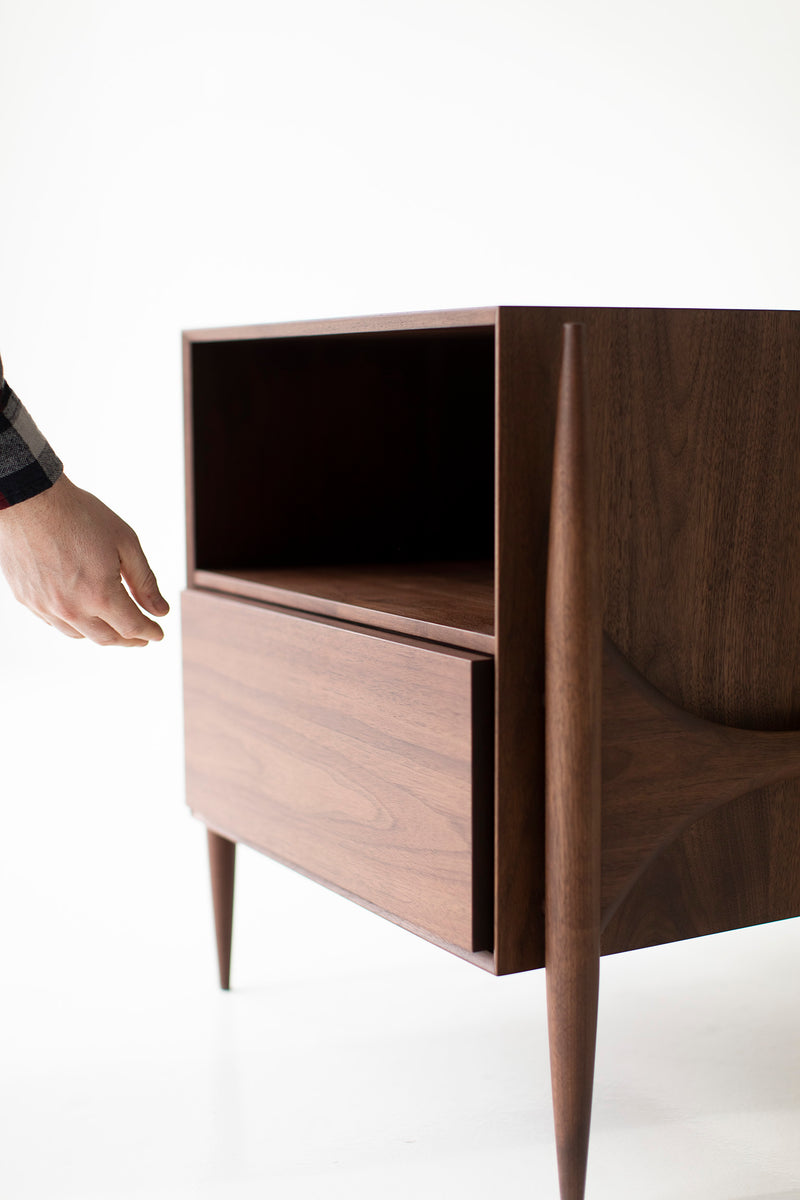 Open drawer view of a modern luxury Cambre walnut nightstand