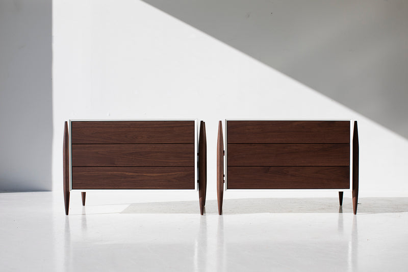 Modern luxury walnut Cambre nightstand, front view