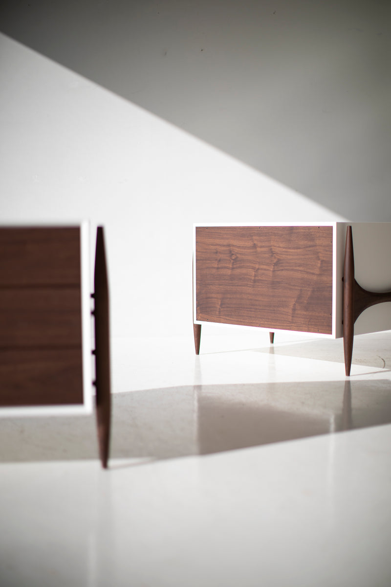Angled view of the Cambre modern walnut nightstand