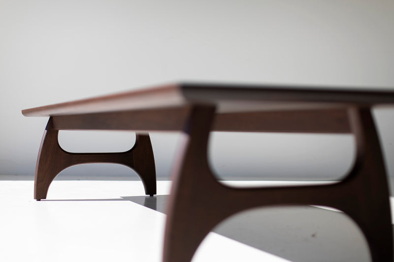 Angled view of the modern walnut coffee table