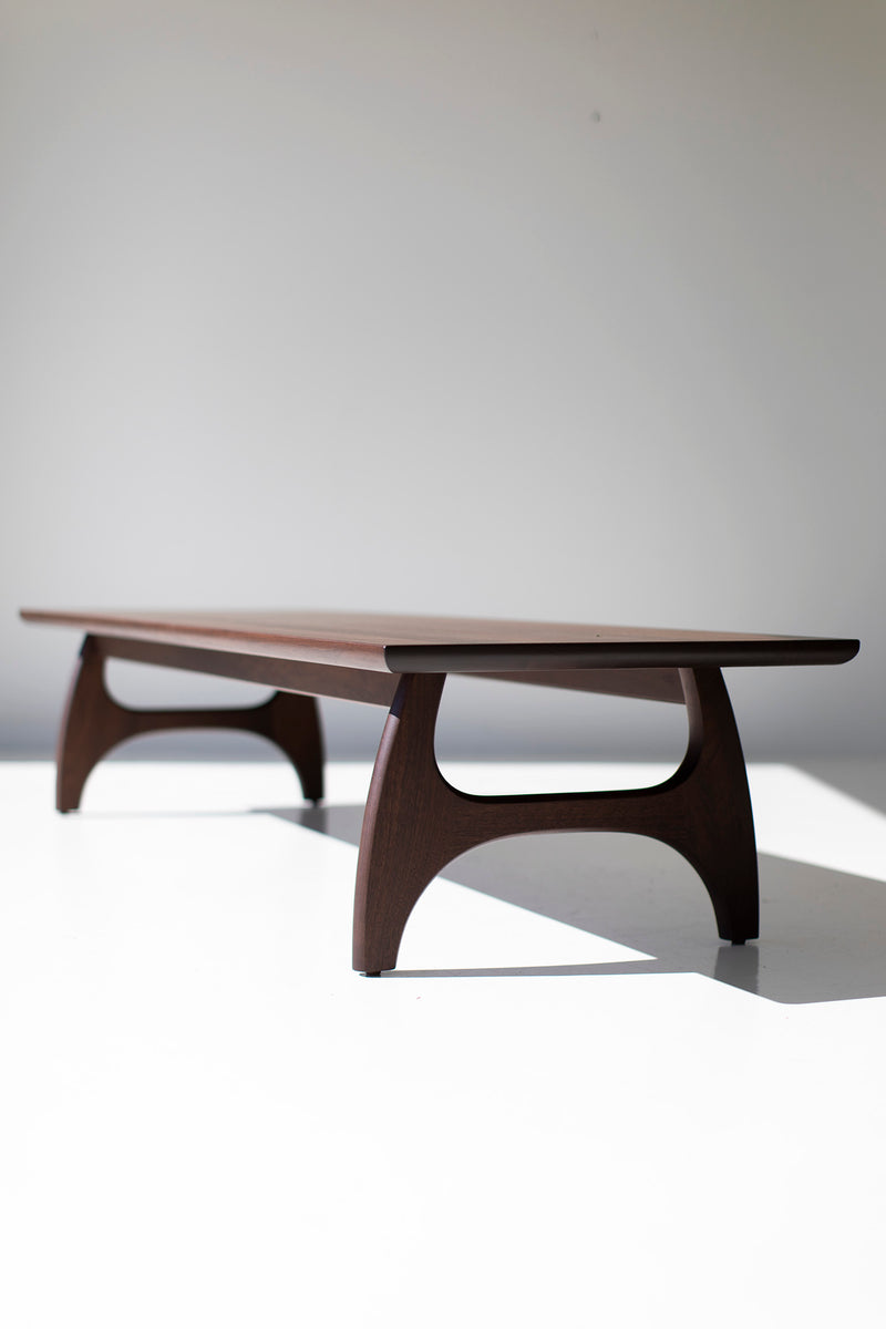 Detail of the matte finish on the walnut coffee table