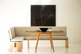 Modern luxury solid white oak dining banquette with thick woven cushions, front view
