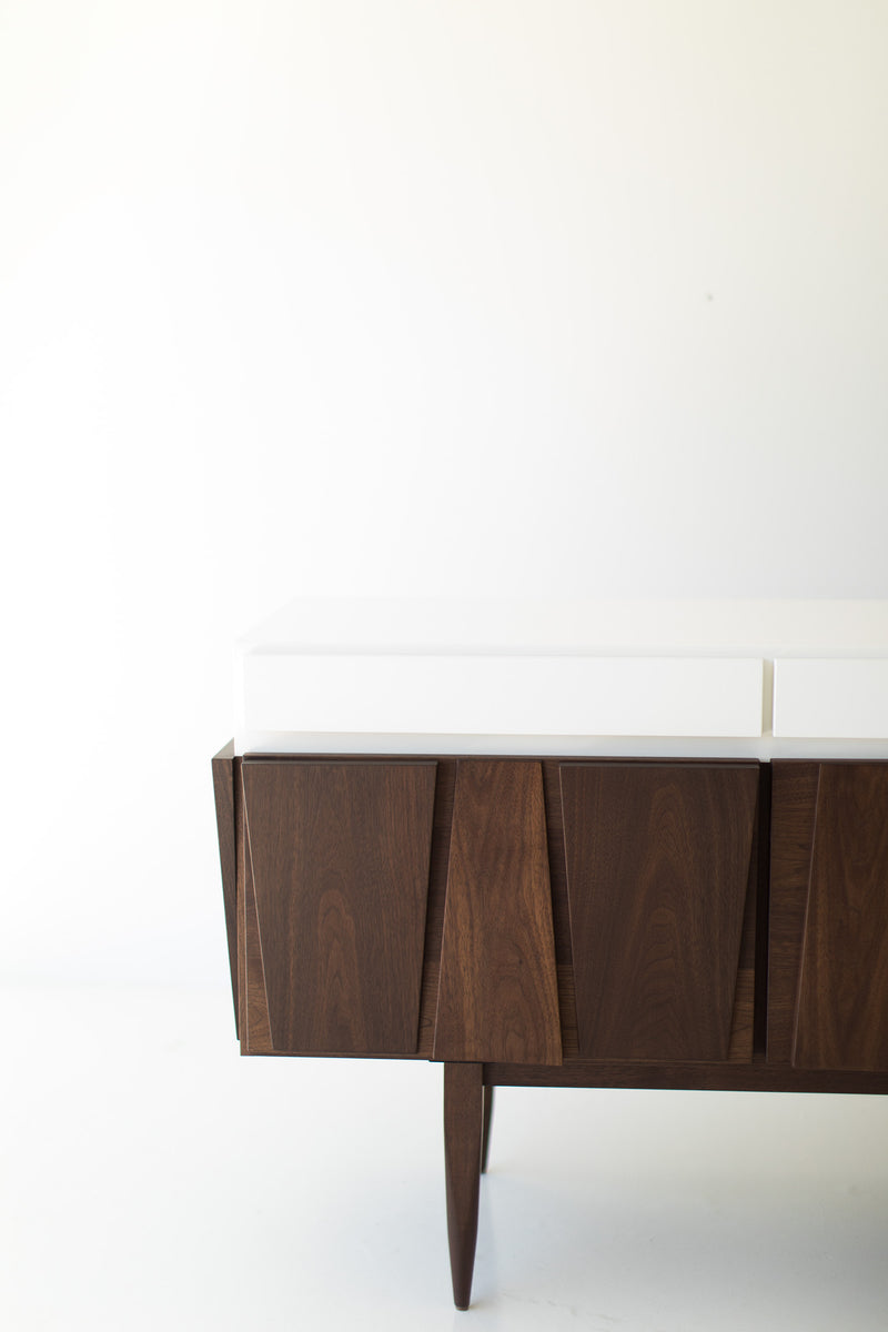 Close-up of the hand-applied matte finish on the modern luxury walnut 3-bay Eiger credenza