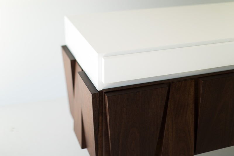 Modern luxury walnut 3-bay Eiger credenza styled in a contemporary living room