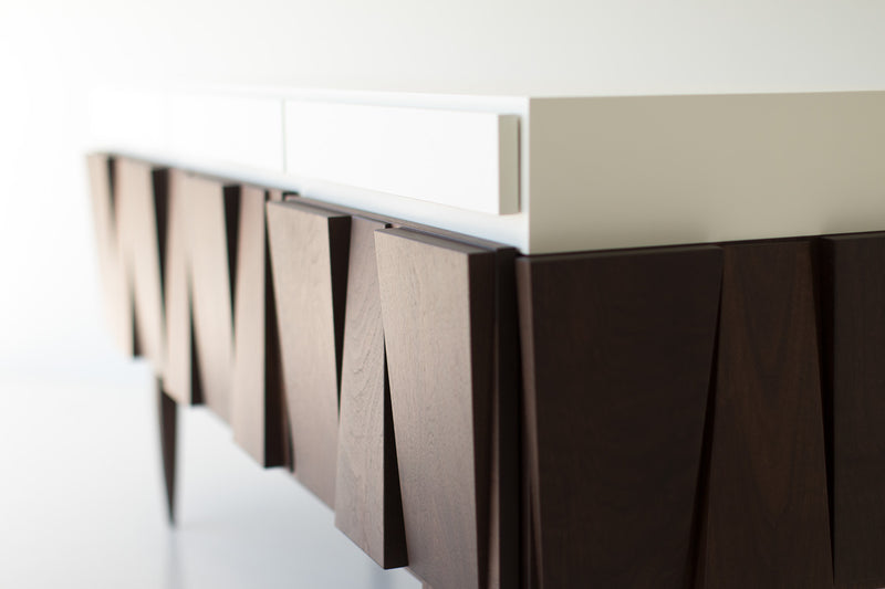 Side profile of the modern luxury walnut 3-bay Eiger credenza by Craft Associates®