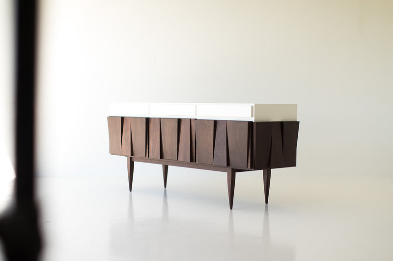 Modern luxury walnut 3-bay credenza by Craft Associates®, Eiger design shown from the front