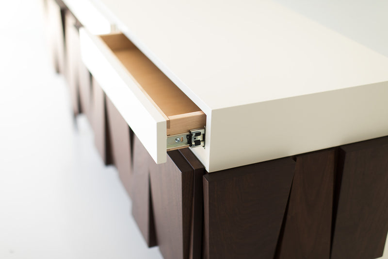 Modern luxury walnut 3-bay Eiger credenza by Craft Associates® styled in a bright modern interior