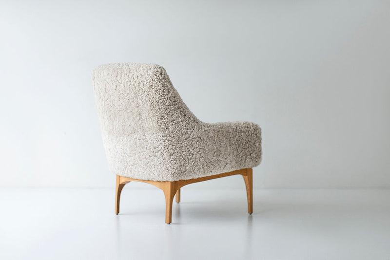 Overhead view of the shearling seat cushion on the modern luxury Nantucket lounge chair
