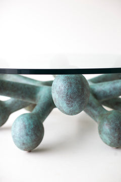 Close-up of the hand-patinaed bronze base on this coffee table