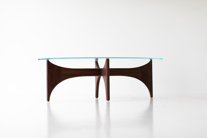 Craft modern oval coffee table with teak base, front view