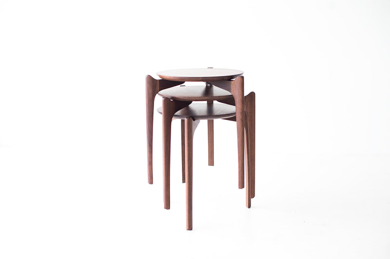 Close-up of the walnut wood grain on the stacking tables