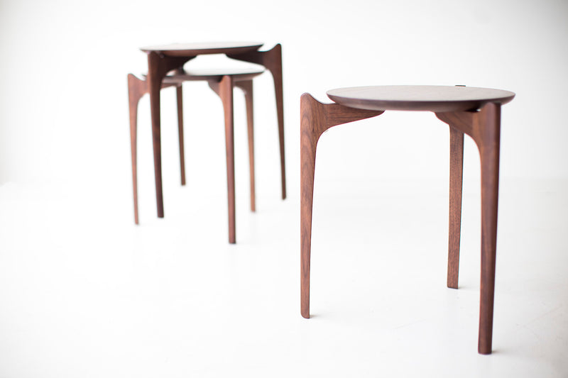 Detail of the hand-finished walnut on the stacking tables