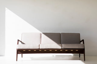 Lawrence Peabody Danish sofa in walnut with upholstered cushions, front view
