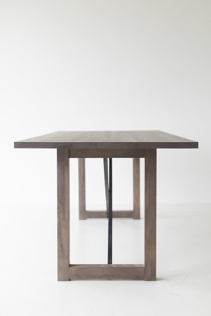 Detail of the distressed matte grey-wash finish on solid pine