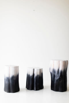 Drift finish red cedar tree stump side tables, light top fading to dark, Bertu Home