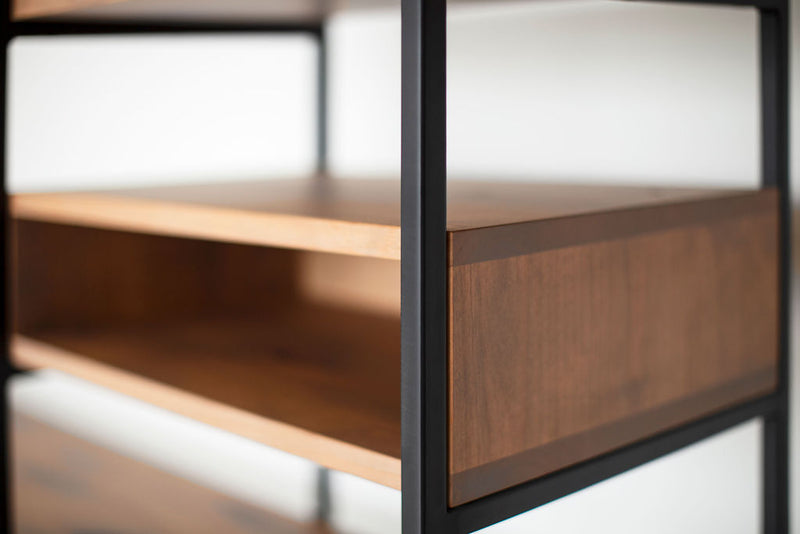 Detail of the welded iron legs on an industrial shelving unit