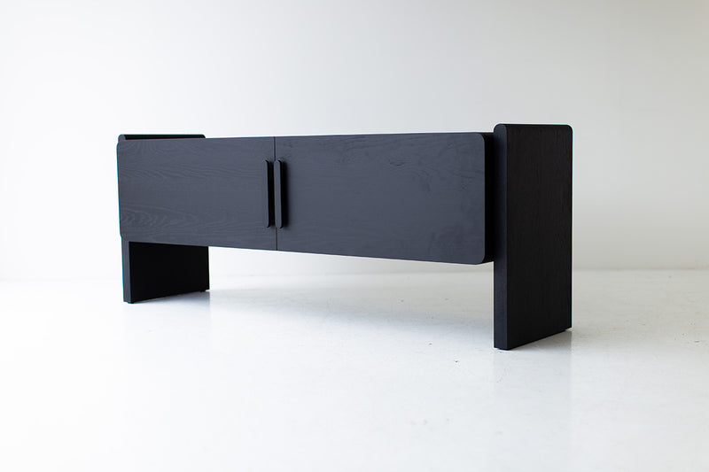 Organic modern oak credenza in a matte black finish, front view