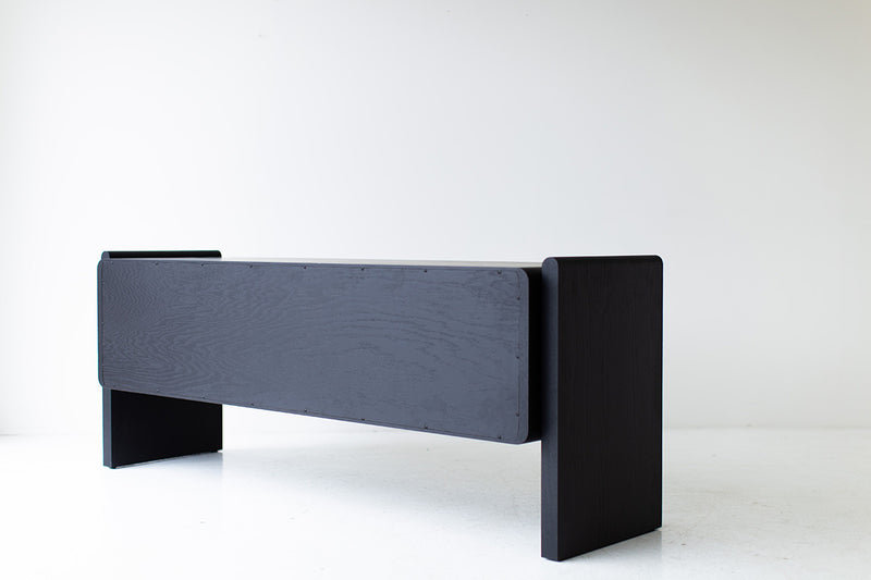 Top-down view of the matte black credenza surface