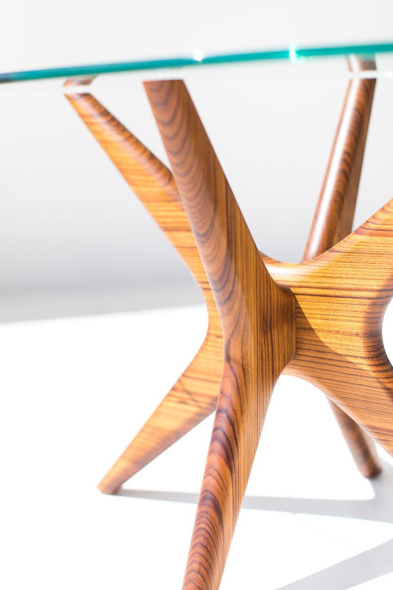 Craft Associates Jax side table showing walnut base and glass top
