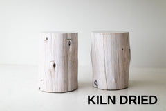 Organic modern red cedar tree stump side table in white finish, front view