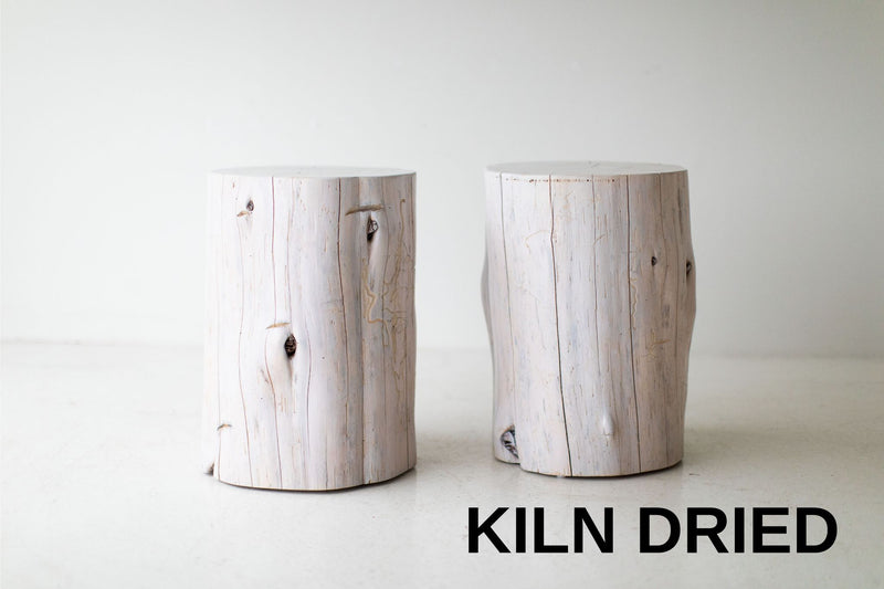Organic modern red cedar tree stump side table in white finish, front view