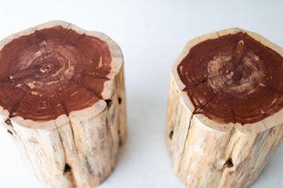 Detail of the natural cedar wood grain on the stump side table