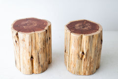 Natural finish stump side table shown from above